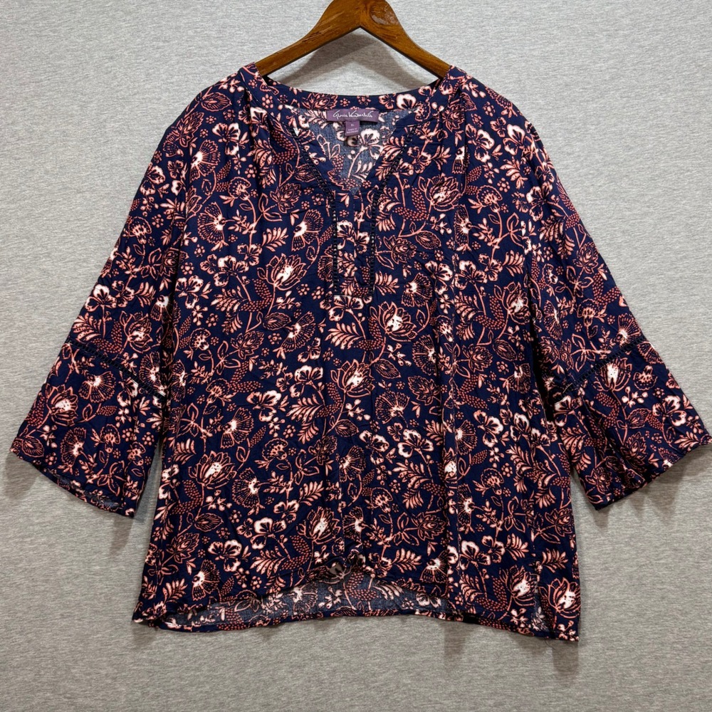 Gloria Vanderbilt Blouse Womens XL Navy Floral Boho Bell Sleeve Top